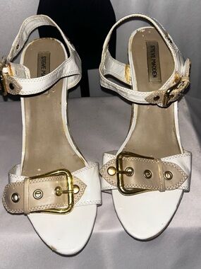 Steve Madden White Heeled Sandals with Gold Buckle Accents